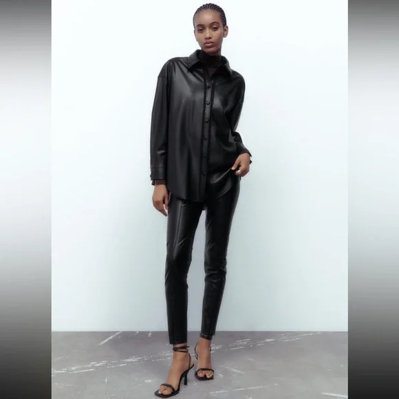 Women Zara Faux Leather Overshirt With Lace Inserts Size XS - Picture 2 of 16